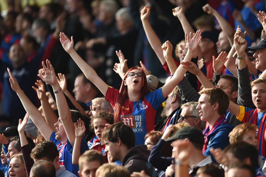Una volta in tribuna si alza il coro dei tifosi, in questo caso a sostegno del Crystal Palace, impegnato contro il West Bromwich Albion (Action Images)